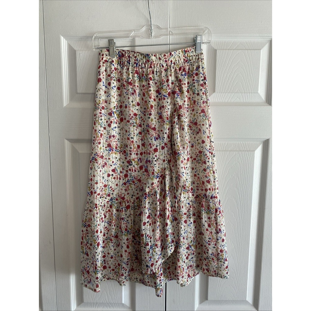 Gerard Darel Floral Ruffle Midi Skirt Womens Size 36 4 Multi Color Pleated Silk